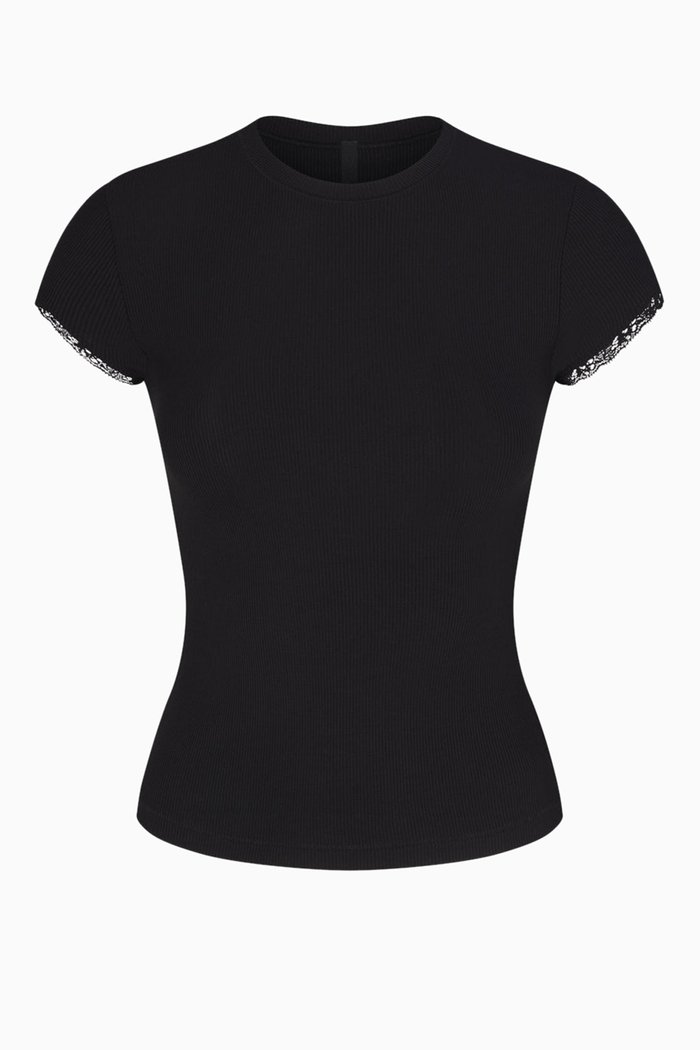 

Soft Lounge Lace T-shirt in Rib-knit, Black