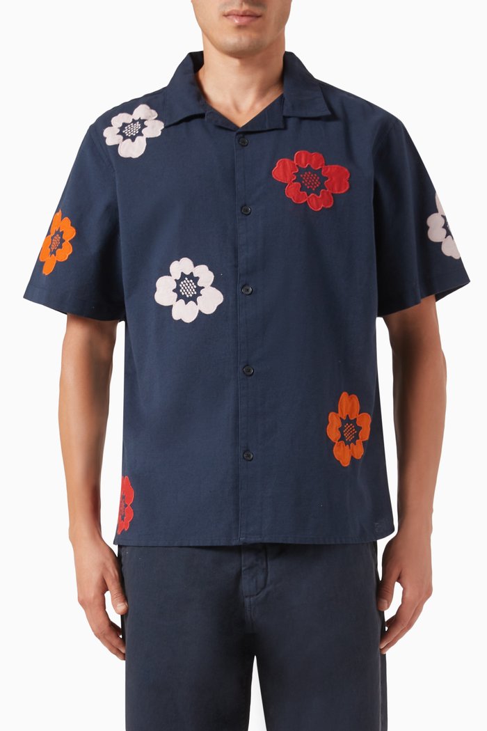 

Didcot Floral Applique Shirt in Cotton & Linen, Blue