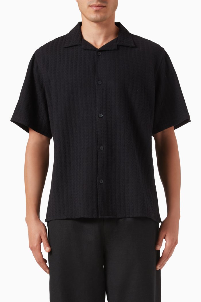 

Didcot Wave Textured Stripe Shirt in Cotton, Black