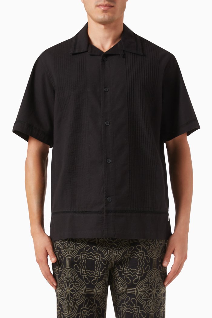 

Newton Pintuck Shirt in Cotton & Linen, Black