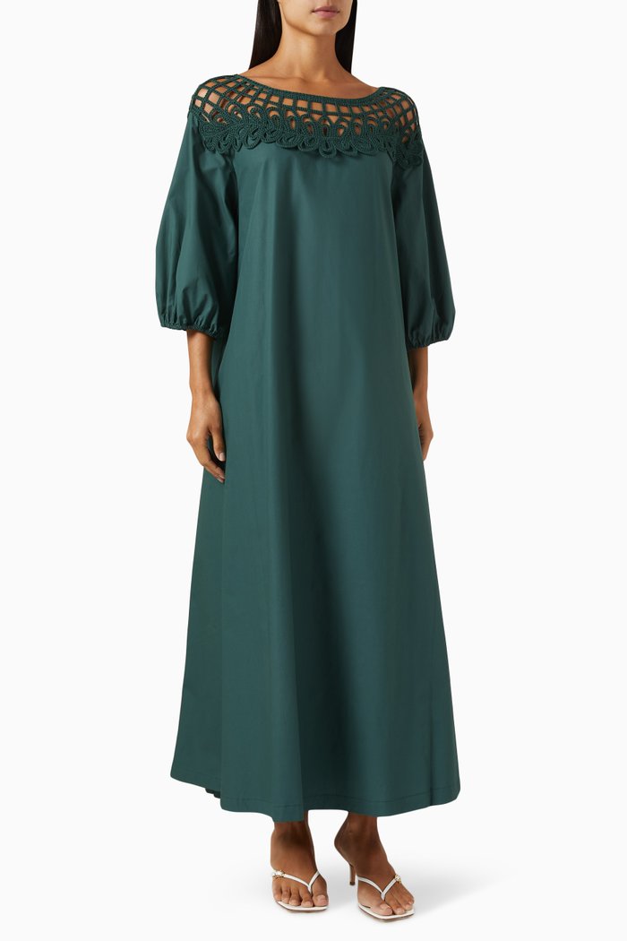 

Lace Shoulder Kaftan in Cotton, Green