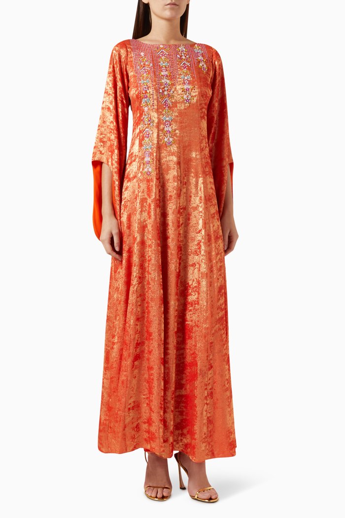 

Bead-embellished Dress in Metallic-crepe, Orange
