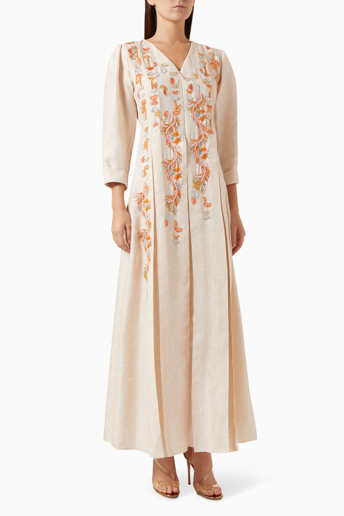 

Bead-embellished Maxi Dress in Linen, Neutral