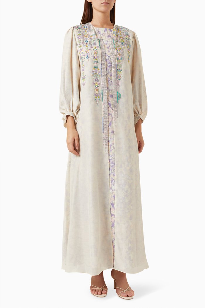 

Embellished Bisht & Dress Set in Linen, Neutral