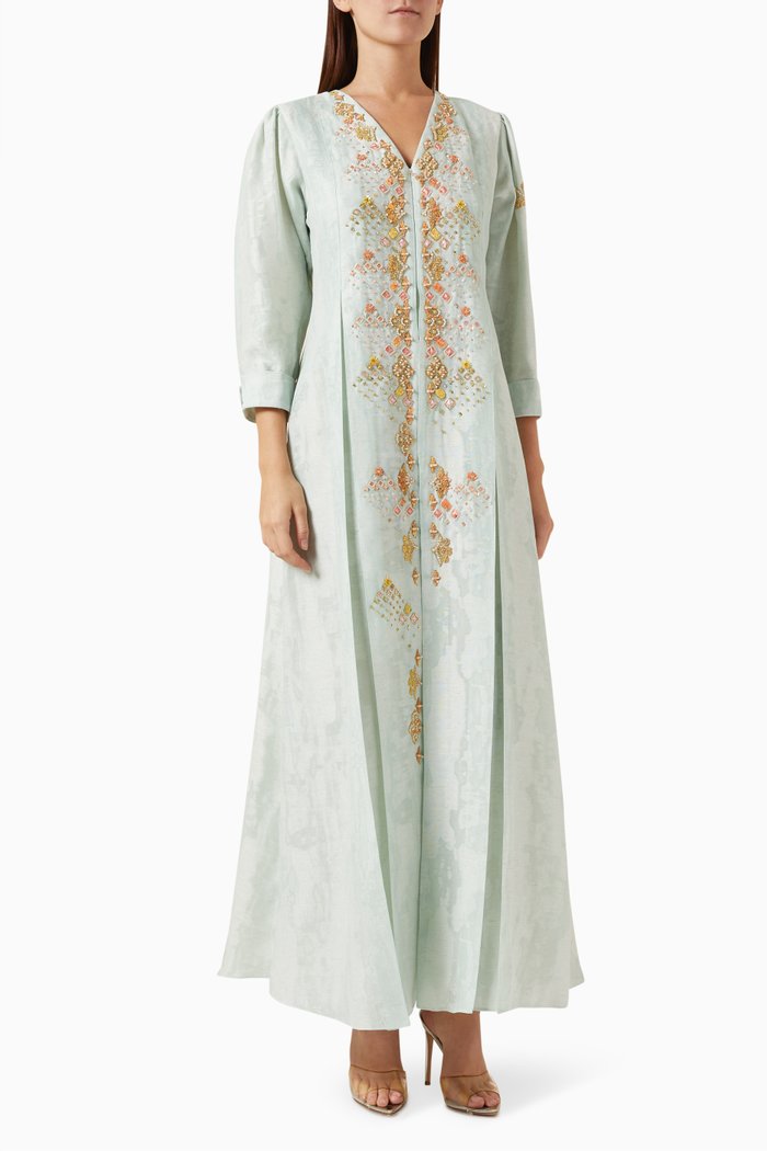 

Bead-embellished Maxi Dress in Linen, Blue