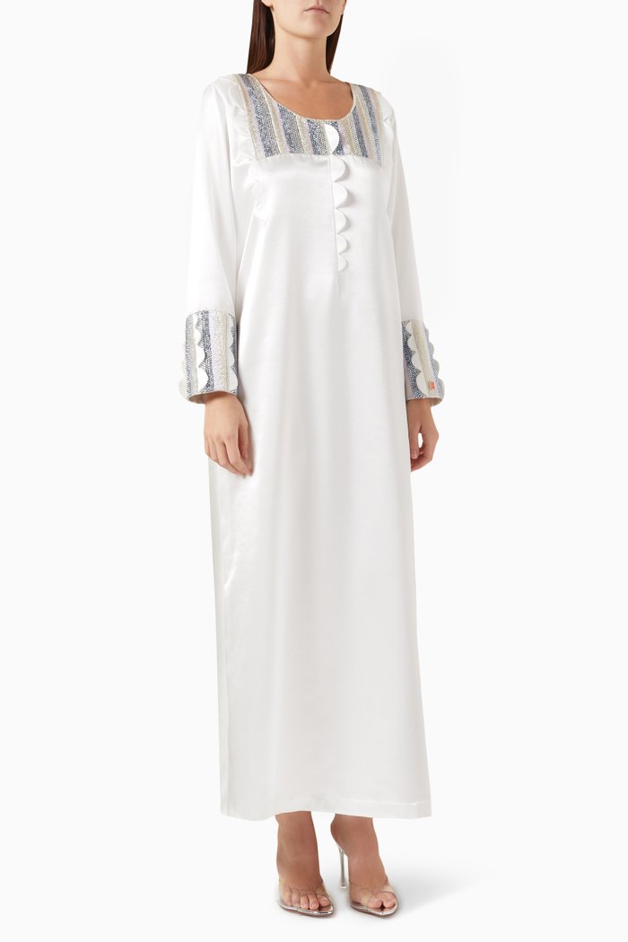 

Scallop-trimmed Jalabiya in Silk Jacquard, White