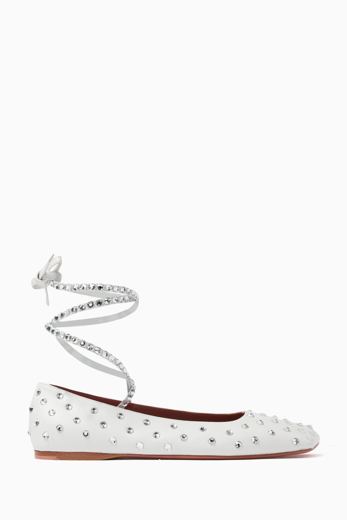 

Ane Crystal Lace-up Ballet Flats in Nappa, White