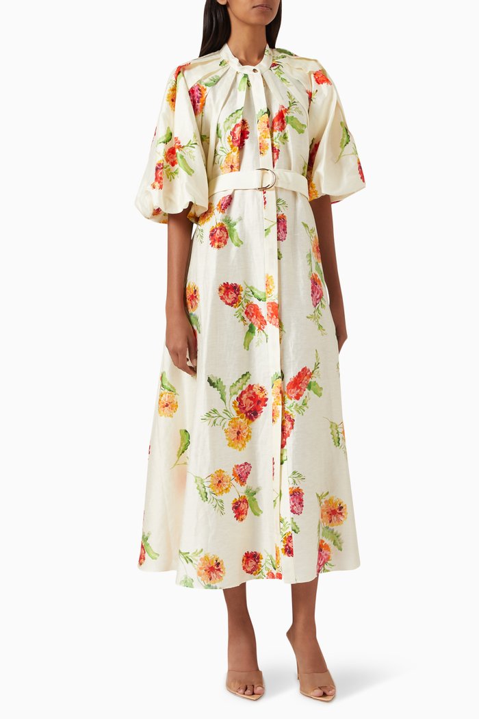 

Cranhurst Belted Midi Dress in Linen-blend, Multicolour