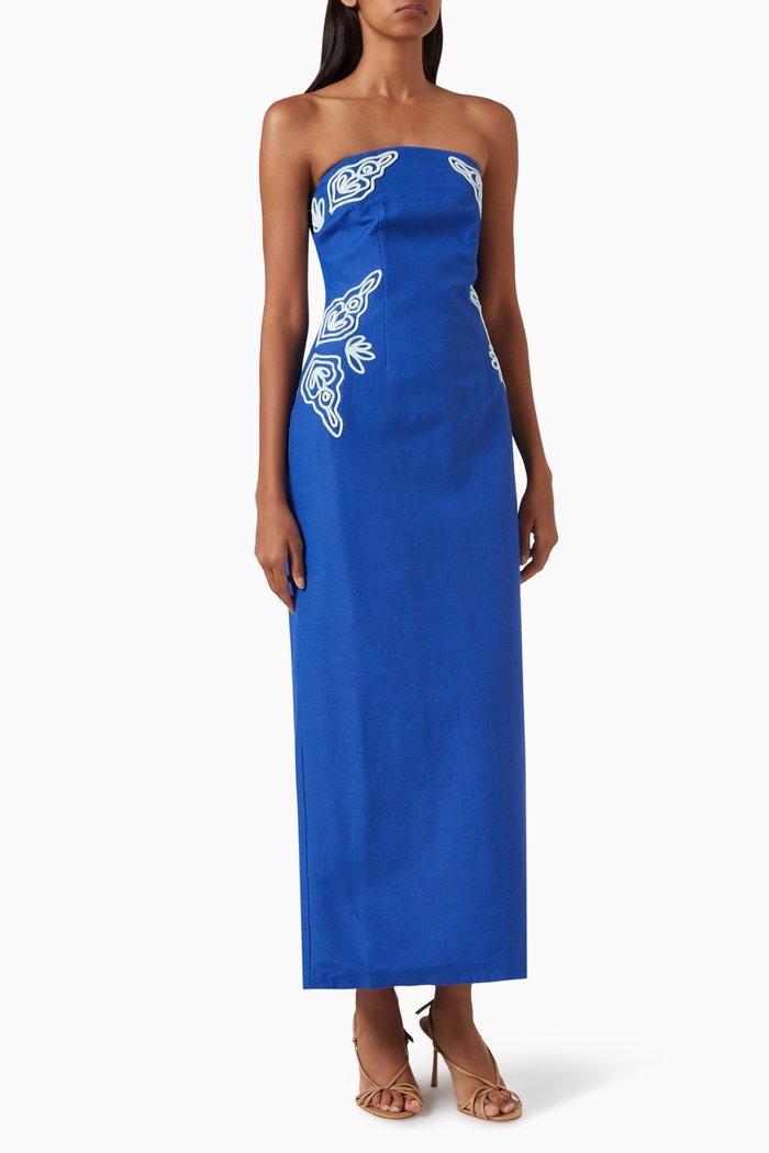 

Rosslyn Strapless Maxi Dress in Linen-blend, Blue