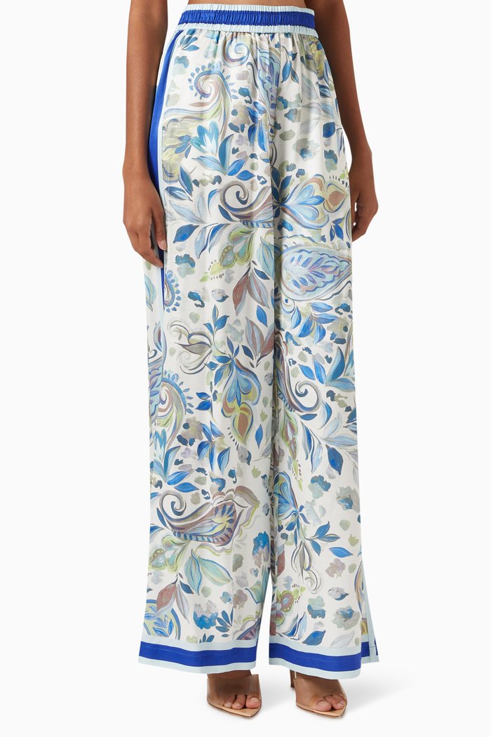 

Polly Printed Wide-leg Pants in Satin, Blue