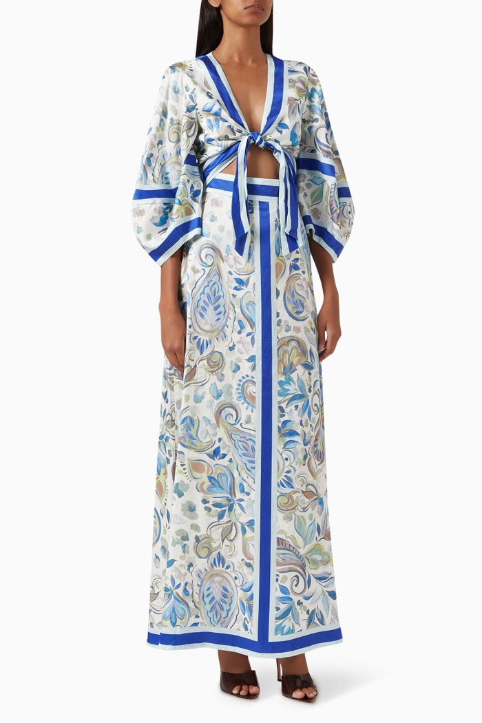 

Polly Tie-up Maxi Dress in Satin, Blue
