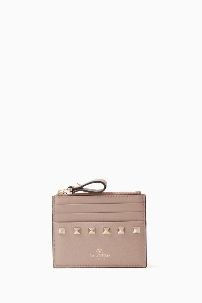 Valentino Garavani Rockstud Card Holder in Calfskin, Pink