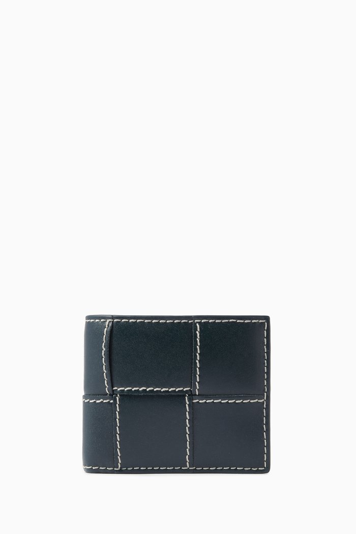 

Cassette Bi-Fold Wallet in Intreccio Calfskin Leather, Blue