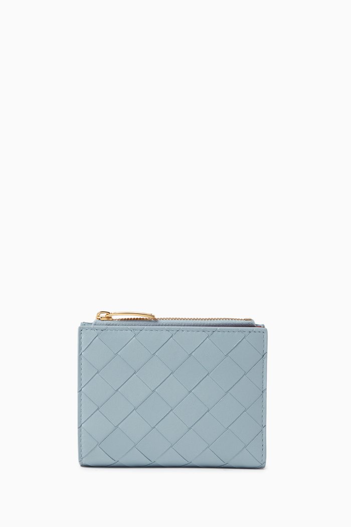 Small Bi-fold Zip Wallet in Intrecciato Leather, Blue