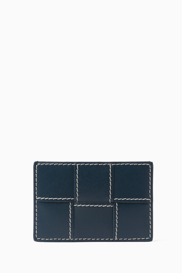 

Cassette Card Case in Intreccio Leather, Blue