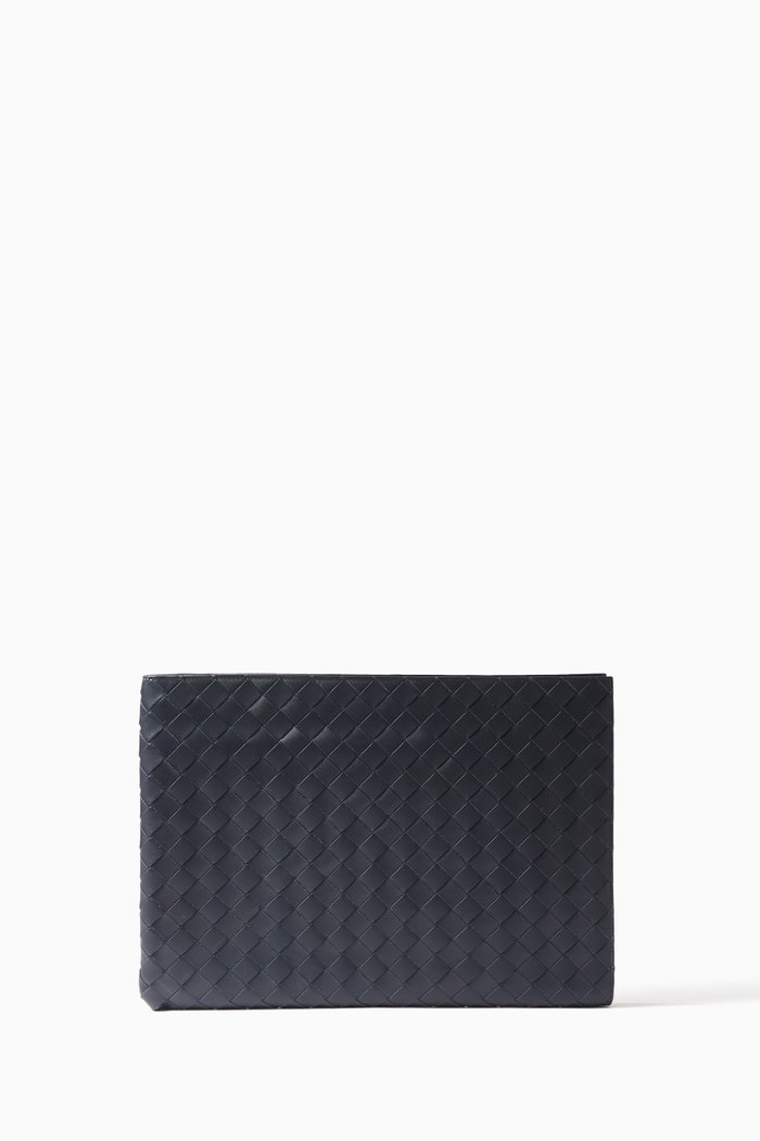 

Half Zip Around Pouch in Intrecciato Calfskin, Blue