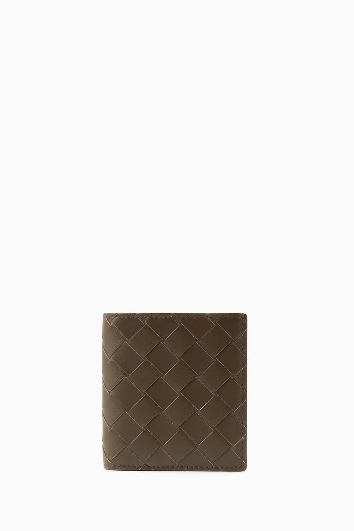 

Slim Bi-Fold Wallet in Intrecciato Calfskin Leather, Green