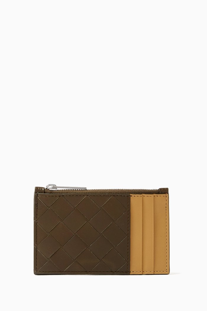 Zipped Card Case in Intrecciato Leather, Green