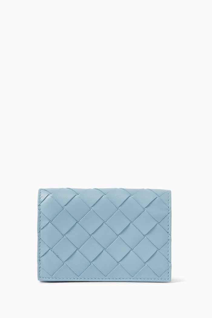 Business Card Case in Intrecciato Leather, Blue