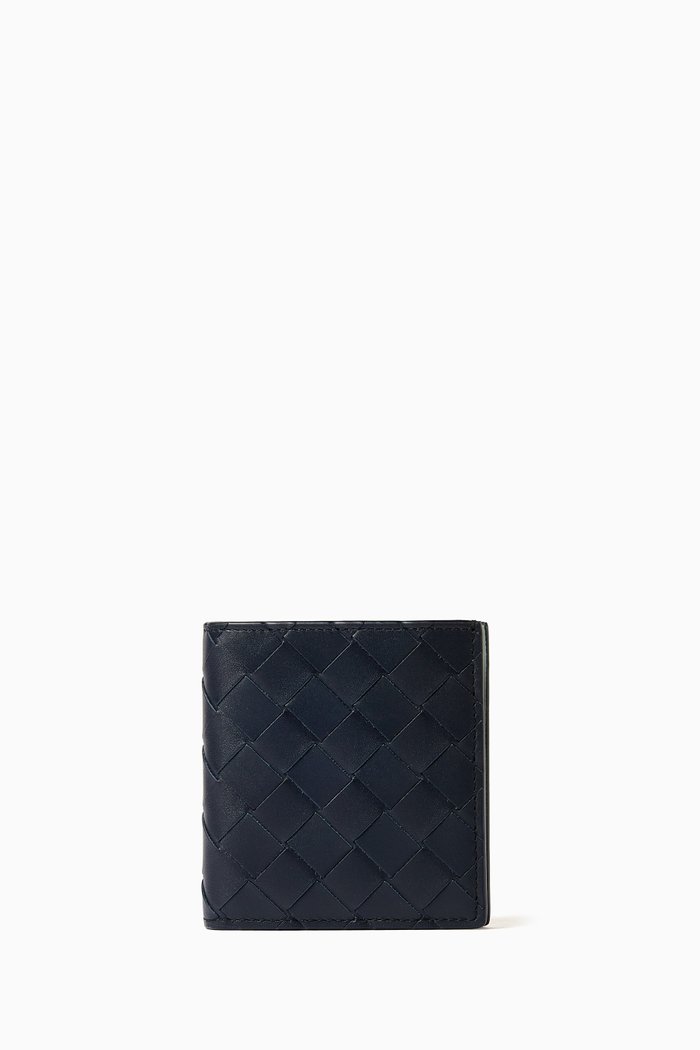 Slim Bi-Fold Wallet in Intrecciato Leather, Blue