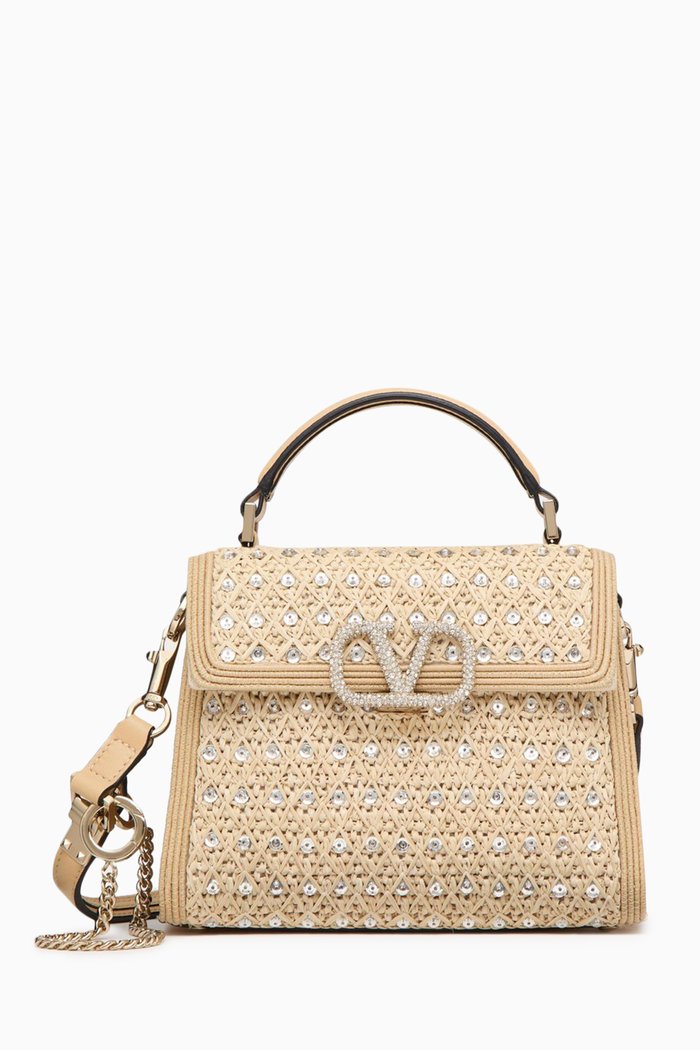 

Valentino Garavani VSLING Mini Bag in Raffia & Swarovski® crystals, Neutral