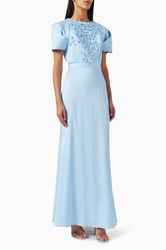 

Embellished Maxi Dress in Stretch-knit & Organza, Blue