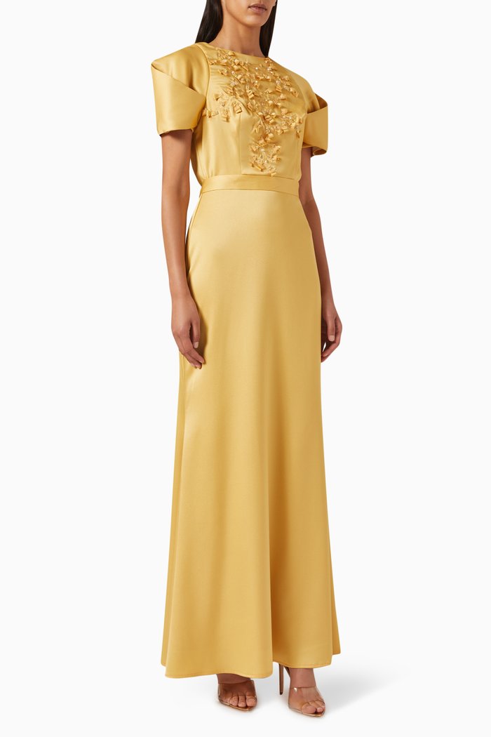 

Embellished Maxi Dress in Stretch-knit & Organza, Yellow