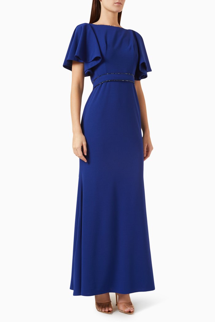 

Flutter-sleeve Maxi Dress in Crepe, Blue