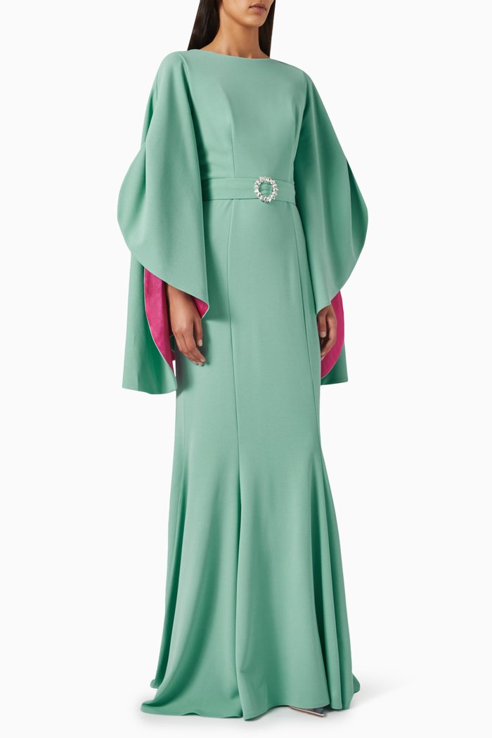 

Two-tone Cape-sleeve Gown in Crepe, Blue