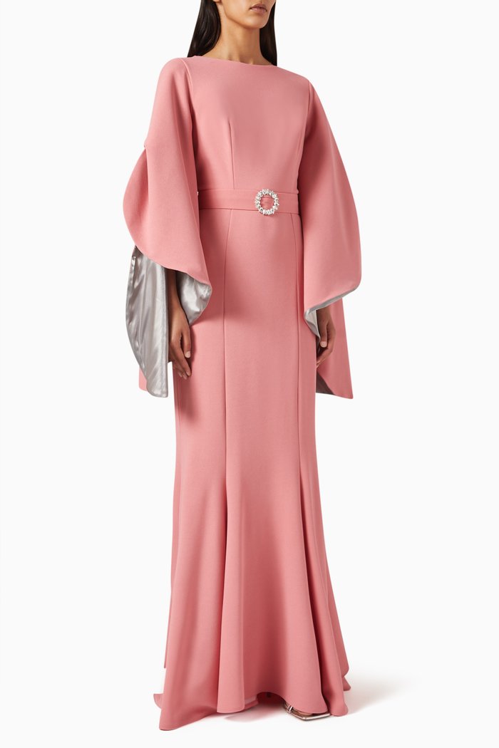 

Two-tone Cape-sleeve Gown in Crepe, Pink
