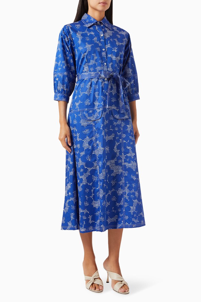 

Bonie Belted Midi Dress in Cotton-satin, Blue