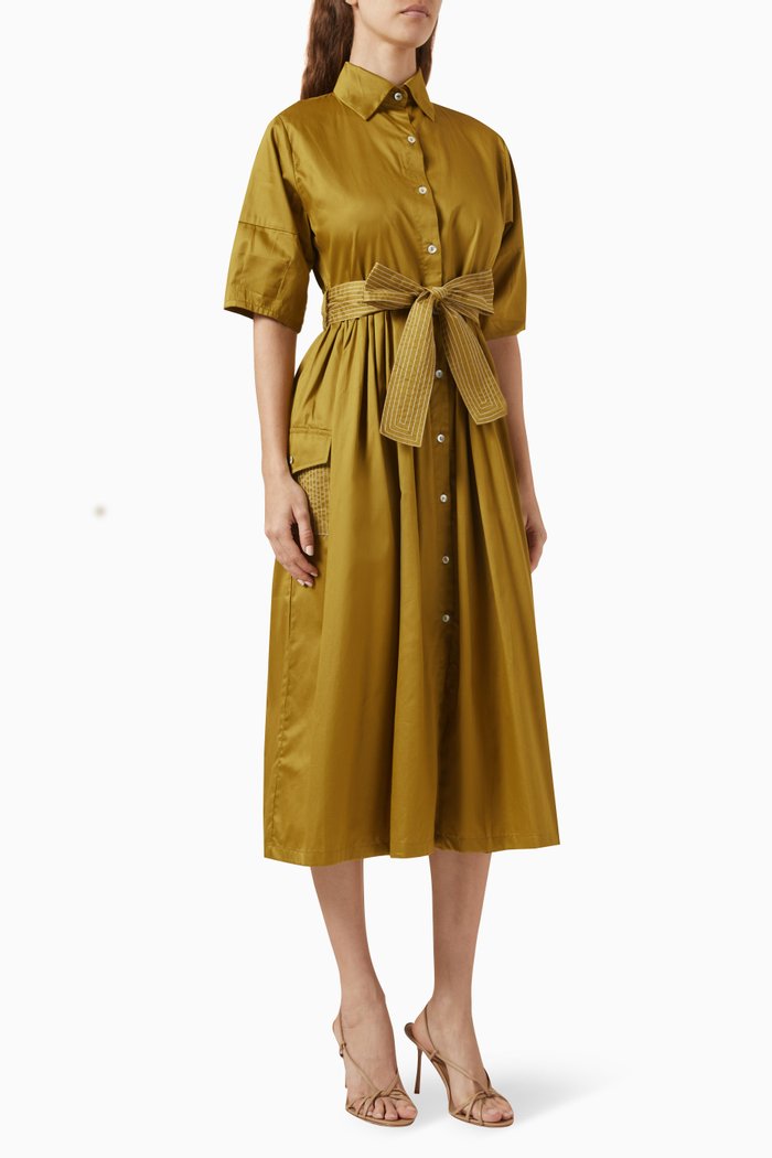 

Olivia Belted Midi Dress in Cotton-satin, Gold