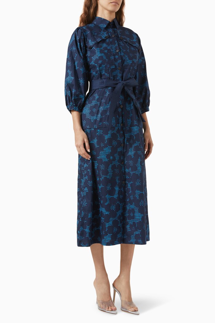 

Mizuri Belted Midi Dress in Cotton-satin, Blue