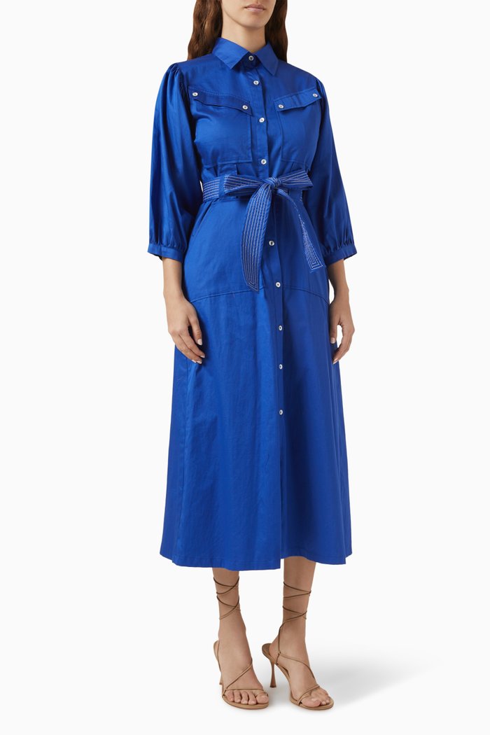 

Mizuri Belted Midi Dress in Cotton-satin, Blue
