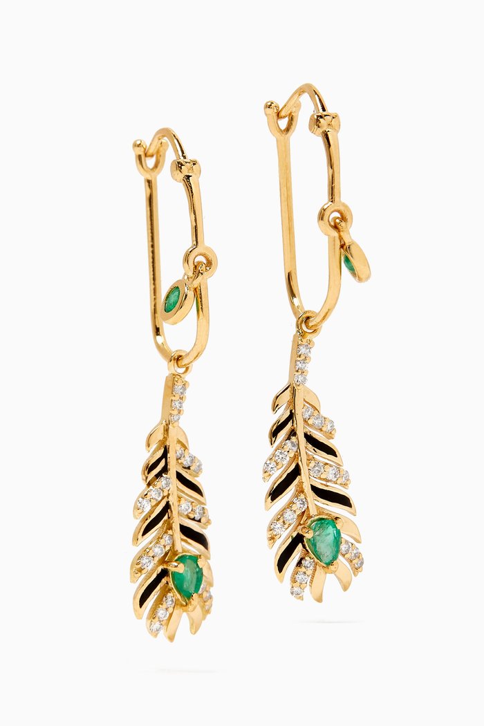 Feather Emerald & Diamond Earrings in 18kt Gold, Yellow