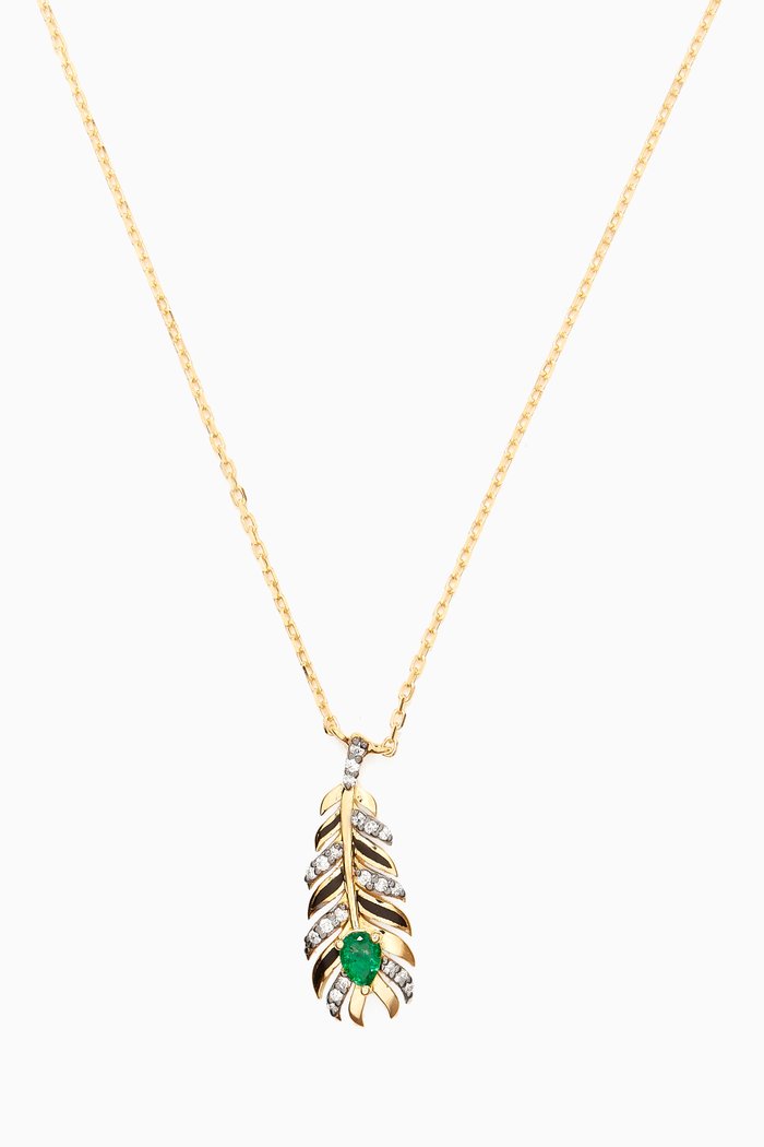 Feather Emerald & Diamond Necklace in 18kt Gold, Yellow