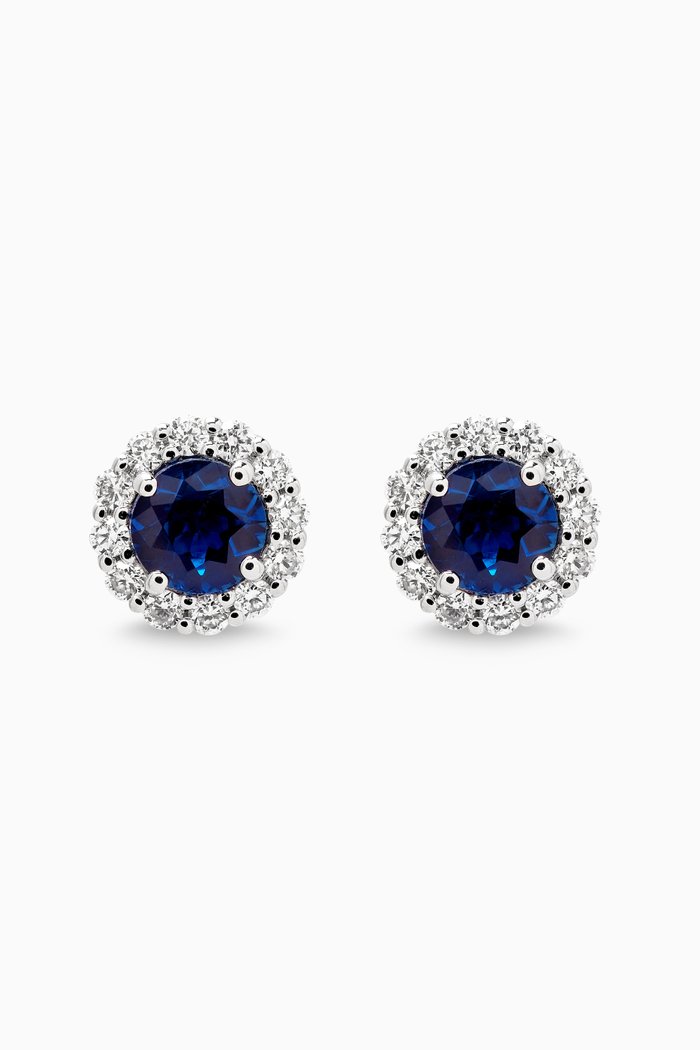 

Sapphire & Diamond Halo Stud Earrings in 18kt White Gold, Blue