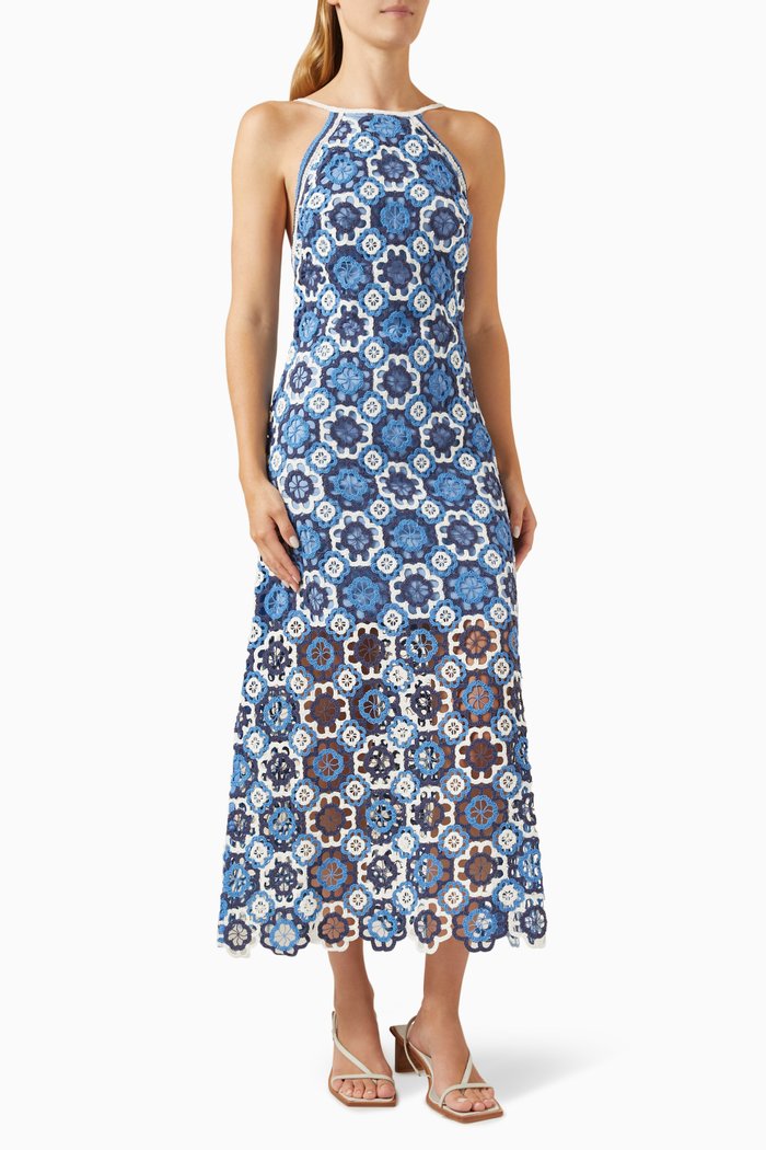

Clover Crochet Midi Dress in Cotton, Blue