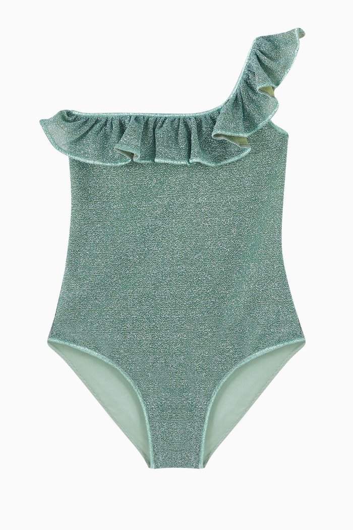 

Osemini Lumiére One Shoulder Maillot in Glitter Nylon, Blue