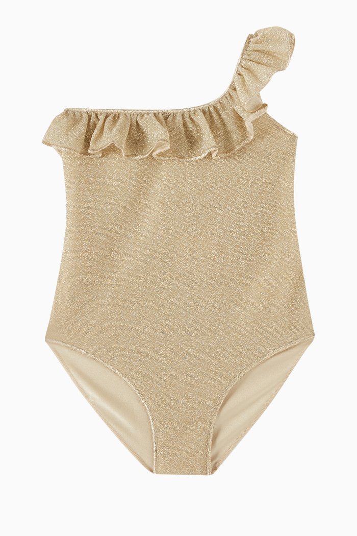 

Osemini Lumiére One Shoulder Maillot in Glitter Nylon, Gold