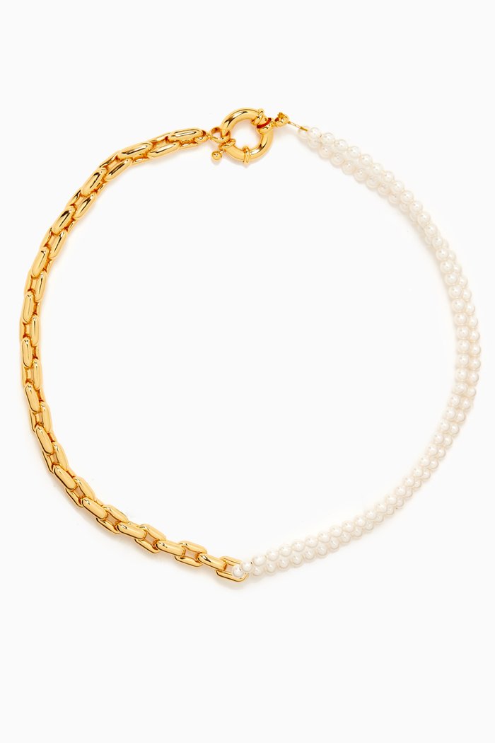 

Pearl & Chain-link Necklace in 14kt Gold-plated Brass, White
