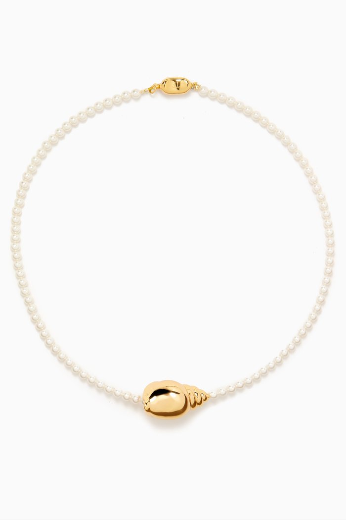 

Shell Charm Pearl Necklace in 14kt Gold-plated Brass, White