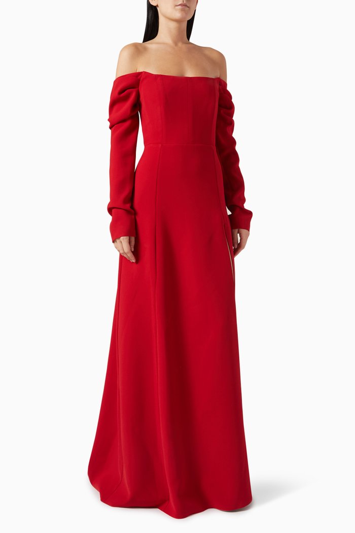 

Off-shoulder Draped Sleeves Gown in Crepe, Red
