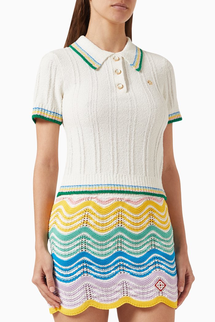 

Striped Crop Polo T-shirt in Cotton-knit, White