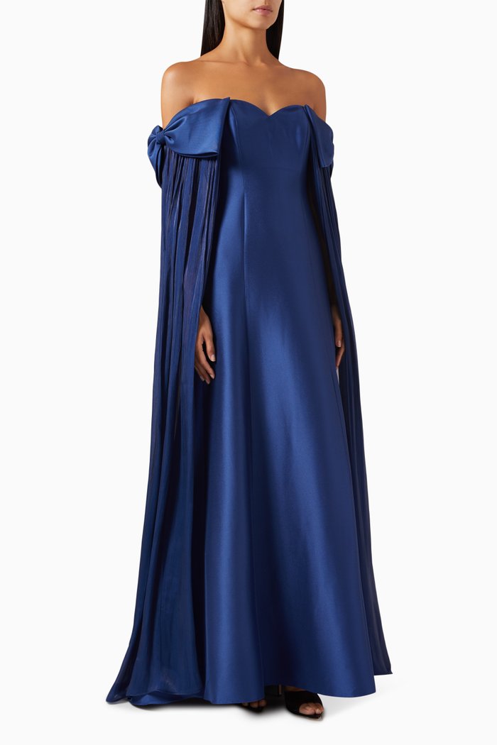 

Off-shoulder Cape Gown in Chiffon & Mikado, Blue
