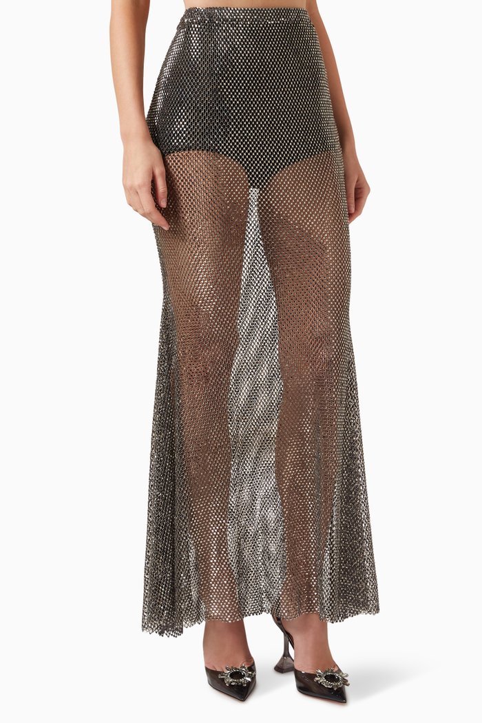 

Rhinestone-embellished Maxi Skirt in Mesh, Grey