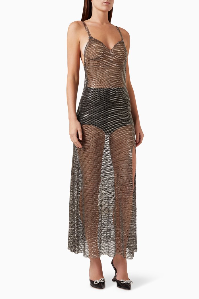 

Rhinestone-embellished Maxi Sun Dress in Mesh, Grey
