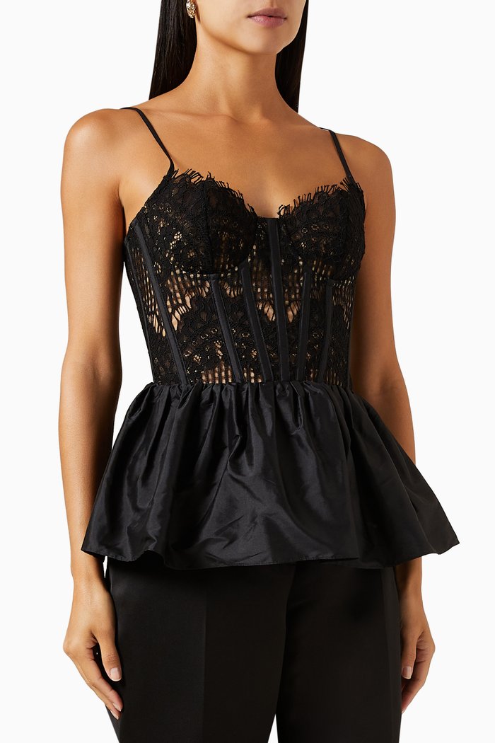 

Peplum Bustier Top in Lace & Silk, Black