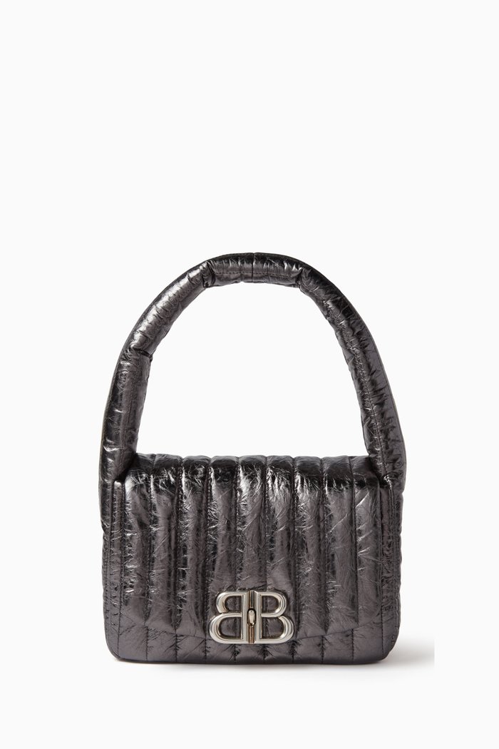 

Small Monaco Sling Bag in Metallic Quilted Leather, Grey