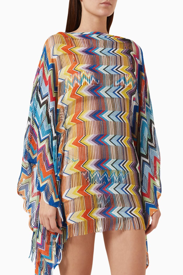 

Zig-zag Cover-up Fringed Kaftan in Lurex-knit, Multicolour